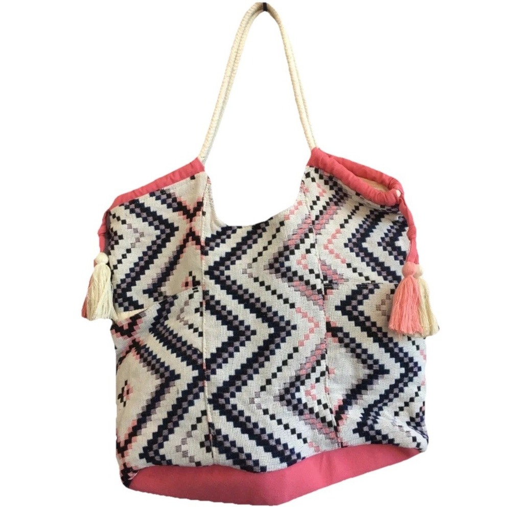 Aztec Cotton Large Tote Bag Rope Handles‎ Tassels Beach 18"Wx12"Hx5.5"D